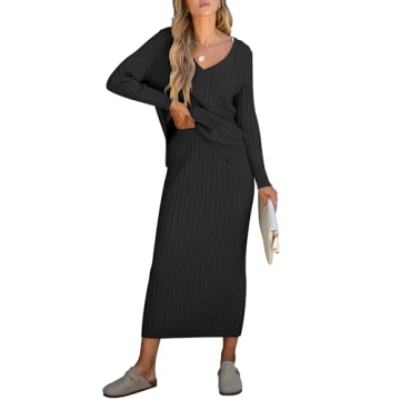 ANRABESS Women's 2 Piece Outfits Sweater Skirt Sets Casual Long Sleeve V Neck Ribbed Knit Tops Midi ...