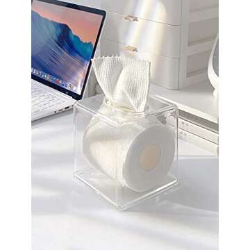 Cq acrylic Roll Tissue Box Holder with Cover Square Facial Tissue Dispenser Box Case for Countertop,Clear Plastic Dryer Sheet Container Napkin Organizer for Bathroom, Kitchen,Home,Square