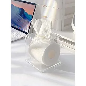 Cq acrylic Roll Tissue Box Holder with Cover Square Facial Tissue Dispenser Box Case for Countertop,Clear Plastic Dryer Sheet Container Napkin Organizer for Bathroom, Kitchen,Home,Square