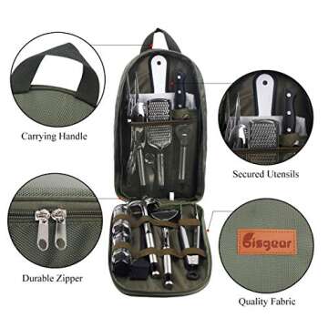17pcs Backpacking Camping Cookware Kitchen Utensil BBQ Organizer Travel Mess Kit with Water Resistant Case, Cutting Board, Rice Paddle, Tongs, Scissors, Knife, Spork (17pcs (Army Green) [New Vision])