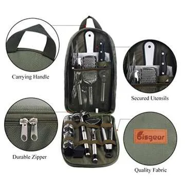 17pcs Backpacking Camping Cookware Kitchen Utensil BBQ Organizer Travel Mess Kit with Water Resistant Case, Cutting Board, Rice Paddle, Tongs, Scissors, Knife, Spork (17pcs (Army Green) [New Vision])