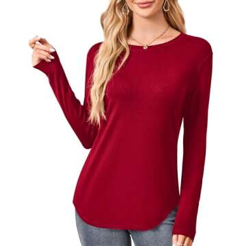 Amoretu Womens Crew Neck Long Sleeve T Shirts Curved Hem Tops Basic Tees Fashion Burgundy M