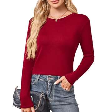 Amoretu Womens Crew Neck Long Sleeve T Shirts Curved Hem Tops Basic Tees Fashion Burgundy M