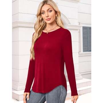 Amoretu Womens Crew Neck Long Sleeve T Shirts Curved Hem Tops Basic Tees Fashion Burgundy M