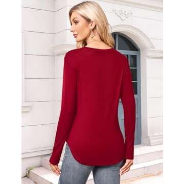 Amoretu Womens Crew Neck Long Sleeve T Shirts Curved Hem Tops Basic Tees Fashion Burgundy M