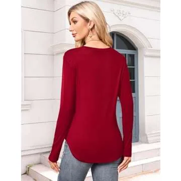 Amoretu Womens Crew Neck Long Sleeve T Shirts Curved Hem Tops Basic Tees Fashion Burgundy M