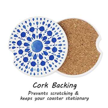 AD Car Coasters Set of 6 Drink- Absorbing Round Ceramic Stone Coaster with a Finger Notch for Easy Removal Cork Base for Auto Cupholder Accessories Keep Vehicle Clean