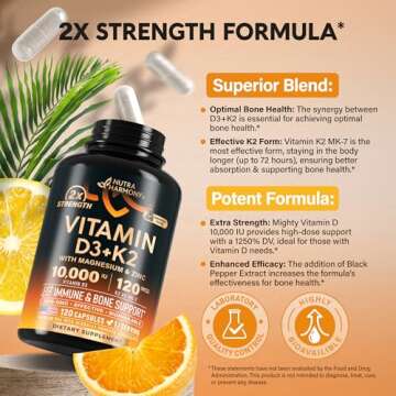 Vitamin D3 K2 10000 IU & 120 mcg - Immune Support & Mood Boost