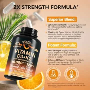Vitamin D3 K2 10000 IU & 120 mcg - Immune Support & Mood Boost