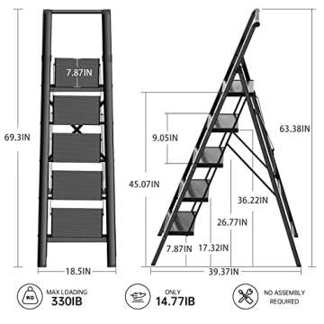5 Step Ladder, Ladnamy Folding Step Stool with Wide Anti-Slip Pedal&Handrail, Aluminum Lightweight P...