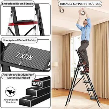 5 Step Ladder, Ladnamy Folding Step Stool with Wide Anti-Slip Pedal&Handrail, Aluminum Lightweight Portable Step Stools for Adults, 330 IBS Capacity Multi-Use Ladders for Home&Kitchen, Black
