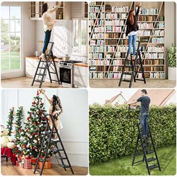 5 Step Ladder, Ladnamy Folding Step Stool with Wide Anti-Slip Pedal&Handrail, Aluminum Lightweight Portable Step Stools for Adults, 330 IBS Capacity Multi-Use Ladders for Home&Kitchen, Black