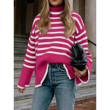 Stylish Long Sleeve Pink White Knit Pullover Sweaters