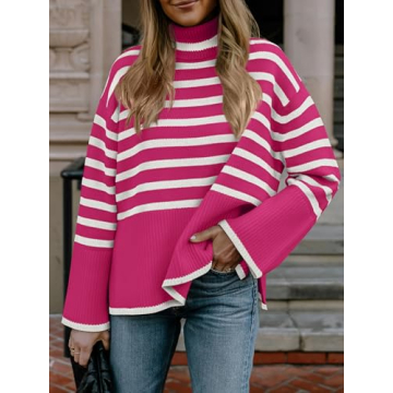 Stylish Long Sleeve Pink White Knit Pullover Sweaters