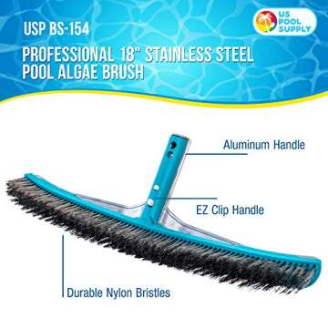 U.S. Pool Supply Professional 18" Stainless Steel Pool Brush with Heavy Duty Aluminum Handle, EZ Cli...