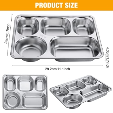 Foaincore 8 Pack Stainless Steel Divided Plates Rectangular Portion Control Plates with 5 Compartments Unbreakable Metal Food Tray for Lunch, Dinner, Camping, Heavy Gauge