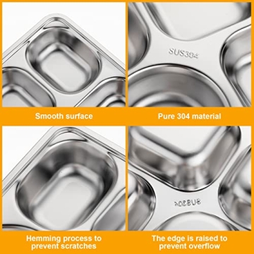 Foaincore 8 Pack Stainless Steel Divided Plates Rectangular Portion Control Plates with 5 Compartments Unbreakable Metal Food Tray for Lunch, Dinner, Camping, Heavy Gauge