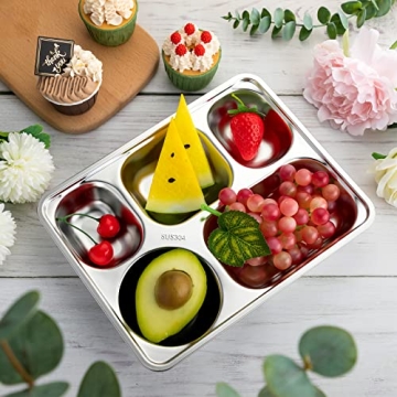 Foaincore 8 Pack Stainless Steel Divided Plates Rectangular Portion Control Plates with 5 Compartments Unbreakable Metal Food Tray for Lunch, Dinner, Camping, Heavy Gauge