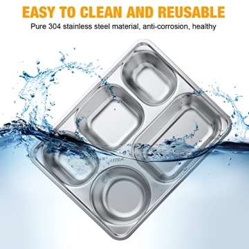 Foaincore 8 Pack Stainless Steel Divided Plates Rectangular Portion Control Plates with 5 Compartments Unbreakable Metal Food Tray for Lunch, Dinner, Camping, Heavy Gauge