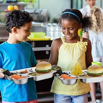 Foaincore 8 Pack Stainless Steel Divided Plates Rectangular Portion Control Plates with 5 Compartments Unbreakable Metal Food Tray for Lunch, Dinner, Camping, Heavy Gauge