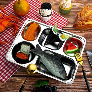 Foaincore 8 Pack Stainless Steel Divided Plates Rectangular Portion Control Plates with 5 Compartments Unbreakable Metal Food Tray for Lunch, Dinner, Camping, Heavy Gauge