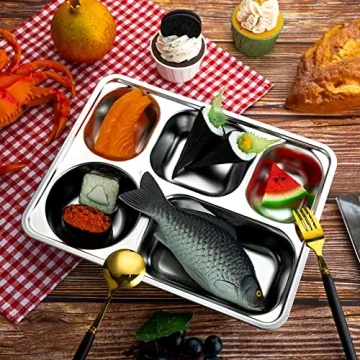 Foaincore 8 Pack Stainless Steel Divided Plates Rectangular Portion Control Plates with 5 Compartments Unbreakable Metal Food Tray for Lunch, Dinner, Camping, Heavy Gauge