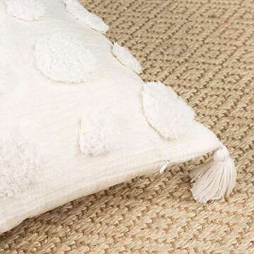 PLWORLD Boho White Throw Pillow Cover 18x18 Inch with Tassels, Pom Pom Tufted Decorative Cream Chenille Fabric Accent Textured Cushion Case for Bed Couch, 1 PC Cover Only No Insert