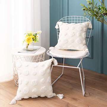 PLWORLD Boho White Throw Pillow Cover 18x18 Inch with Tassels, Pom Pom Tufted Decorative Cream Chenille Fabric Accent Textured Cushion Case for Bed Couch, 1 PC Cover Only No Insert