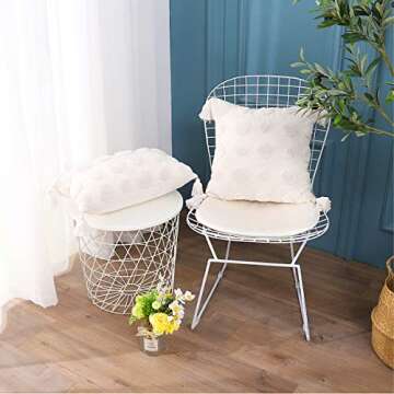 PLWORLD Boho White Throw Pillow Cover 18x18 Inch with Tassels, Pom Pom Tufted Decorative Cream Chenille Fabric Accent Textured Cushion Case for Bed Couch, 1 PC Cover Only No Insert