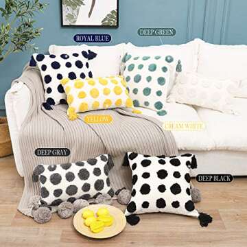 PLWORLD Boho White Throw Pillow Cover 18x18 Inch with Tassels, Pom Pom Tufted Decorative Cream Chenille Fabric Accent Textured Cushion Case for Bed Couch, 1 PC Cover Only No Insert