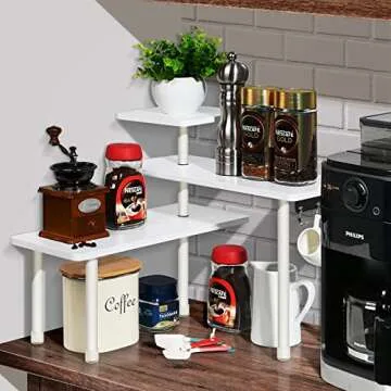 Ollieroo Kitchen Counter Shelf Organizer, 3 Tier Corner Shelf Bamboo Bathroom Countertop Organizer with Hooks, Space Saving Makeup Organizer Spice Rack Corner Plant Shelf