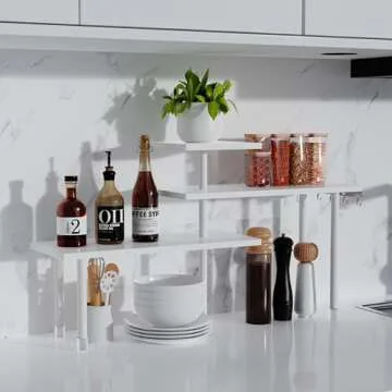 Ollieroo Kitchen Counter Shelf Organizer, 3 Tier Corner Shelf Bamboo Bathroom Countertop Organizer with Hooks, Space Saving Makeup Organizer Spice Rack Corner Plant Shelf