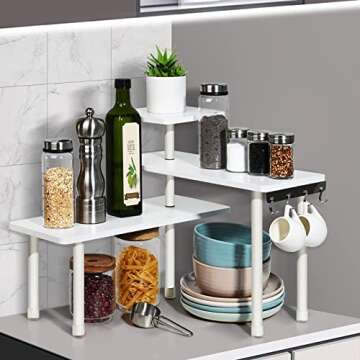 Ollieroo Kitchen Counter Shelf Organizer, 3 Tier Corner Shelf Bamboo Bathroom Countertop Organizer with Hooks, Space Saving Makeup Organizer Spice Rack Corner Plant Shelf