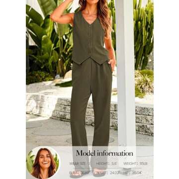 KIRUNDO Two Piece Outfits for Women Summer Sets 2025 Trendy Button Crop Vest Wide Leg Pantsuit Matching Set Spring Fashion Clothes(Army Green, Small)