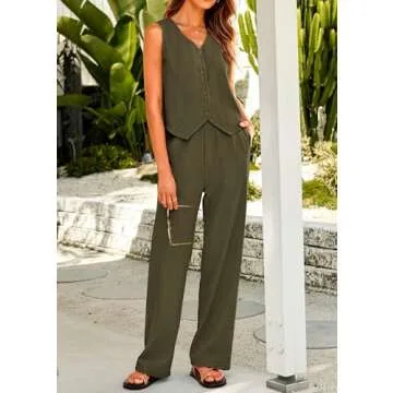 KIRUNDO Two Piece Outfits for Women Summer Sets 2025 Trendy Button Crop Vest Wide Leg Pantsuit Matching Set Spring Fashion Clothes(Army Green, Small)