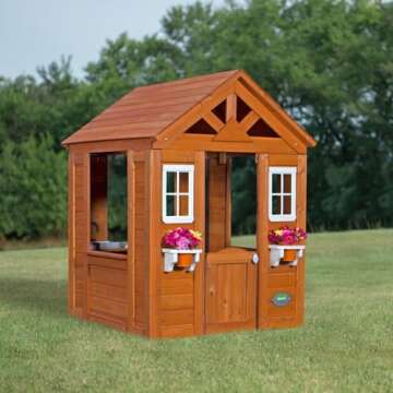 Backyard Discovery Timberlake All Cedar Wooden Playhouse, Country Cottage, Sink, Stove, White Trimme...