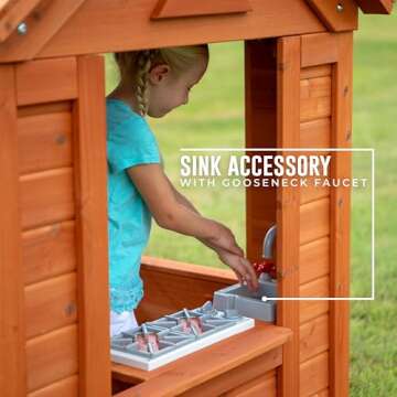 Backyard Discovery Timberlake All Cedar Wooden Playhouse, Country Cottage, Sink, Stove, White Trimmed Windows, Kitchen with Sink and Stove, Flowerpot Holders, Ages 2-6