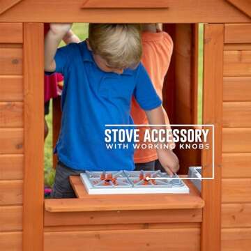 Backyard Discovery Timberlake All Cedar Wooden Playhouse, Country Cottage, Sink, Stove, White Trimmed Windows, Kitchen with Sink and Stove, Flowerpot Holders, Ages 2-6