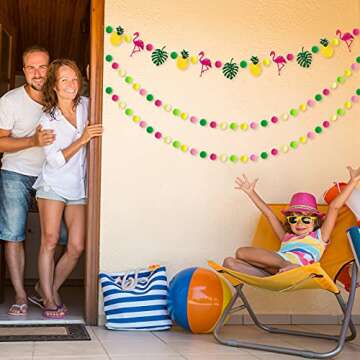 Kerien 3 Pieces Hawaii Summer Hanging Pompom Ball Garland Tropical Flamingo Pineapple Party Banner Set Aloha Banner Flamingo Flower Garland Banner for Hawaiian