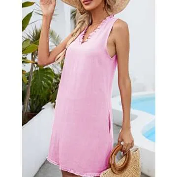 Famulily Summer Linen Dress Tank Dress for Women Work Shift Dress Linen Tank Dress for Women Sundresses for Women Pink S
