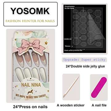 YOSOMK Charms White French Tip Long Press on Nails with Designs 3D Rhinestones Nude False Fake Nails...