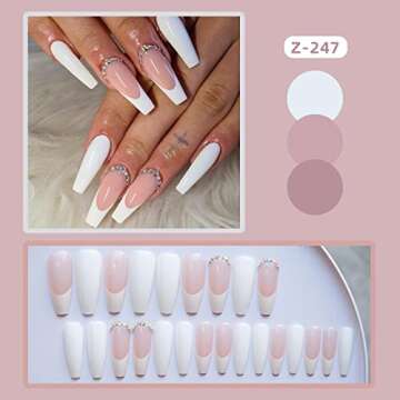 YOSOMK Charms White French Tip Long Press on Nails with Designs 3D Rhinestones Nude False Fake Nails Acrylic Nails Press On Coffin Artificial Nails for Women Stick on Nails With Glue on Static nails