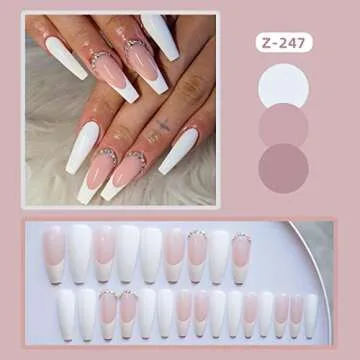 YOSOMK French Tip Long Press on Nails with Rhinestones
