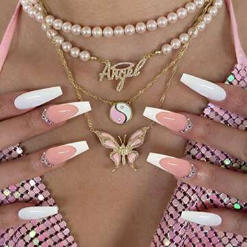 YOSOMK Charms White French Tip Long Press on Nails with Designs 3D Rhinestones Nude False Fake Nails Acrylic Nails Press On Coffin Artificial Nails for Women Stick on Nails With Glue on Static nails
