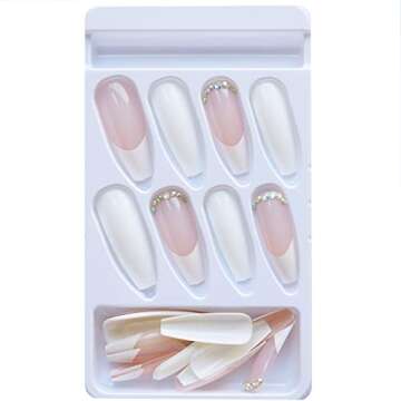 YOSOMK Charms White French Tip Long Press on Nails with Designs 3D Rhinestones Nude False Fake Nails Acrylic Nails Press On Coffin Artificial Nails for Women Stick on Nails With Glue on Static nails