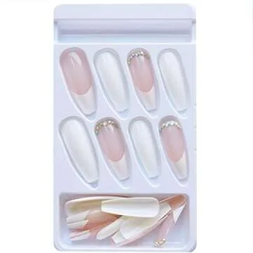 YOSOMK French Tip Long Press on Nails with Rhinestones