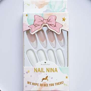 YOSOMK Charms White French Tip Long Press on Nails with Designs 3D Rhinestones Nude False Fake Nails Acrylic Nails Press On Coffin Artificial Nails for Women Stick on Nails With Glue on Static nails