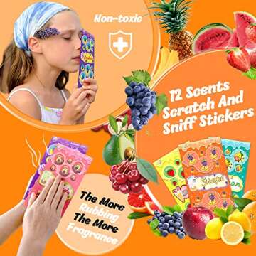 Tageenla Scratch and Sniff Stickers, 48 Sheets of Scented Stickers,12 Different Scents Fruits Theme Smelly Stickers, Motivational Incentive Reward & Games for Kids & Teachers School Class Supplies