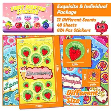 Tageenla Scratch and Sniff Stickers, 48 Sheets of Scented Stickers,12 Different Scents Fruits Theme Smelly Stickers, Motivational Incentive Reward & Games for Kids & Teachers School Class Supplies