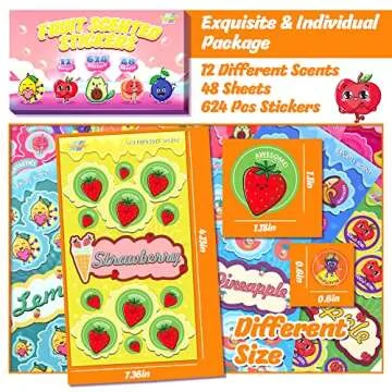 Tageenla Scratch and Sniff Stickers, 48 Sheets of Scented Stickers,12 Different Scents Fruits Theme Smelly Stickers, Motivational Incentive Reward & Games for Kids & Teachers School Class Supplies